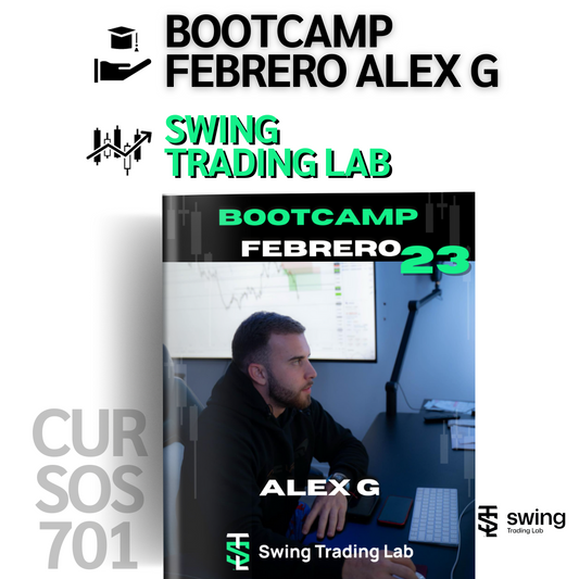 Portada del Bootcamp Febrero 2023 de Swing Trading Lab con Alex G. La imagen muestra a Alex González sentado frente a un escritorio con gráficos en una pantalla, acompañado del texto 'Bootcamp Febrero 23' en verde y blanco. En la parte inferior se destaca el logo de Swing Trading Lab y el nombre del curso.