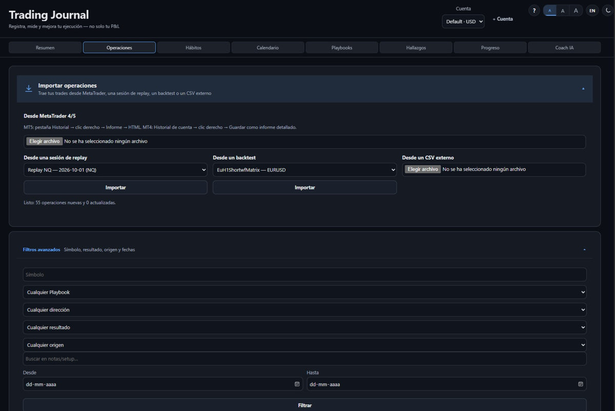EdgeForge Journal — Diario de Trading, Hábitos y Coach IA | Importa MT4/MT5 | Licencia Vitalicia